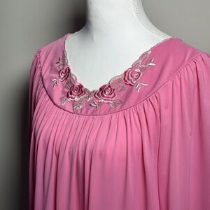 Vintage Shadowline Pink Nylon Modest Nightgown Embroidered Neckline USA Sz S